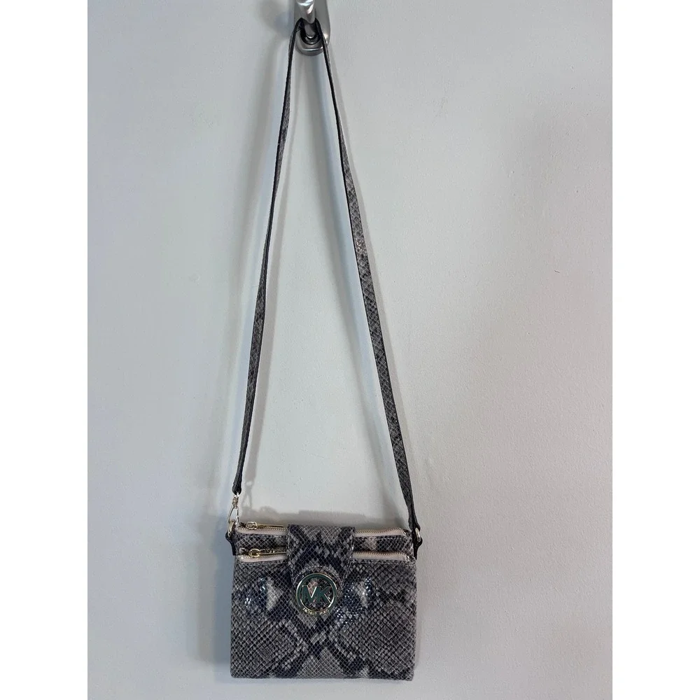 Michael Kors Snakeskin Embossed Crossbody Bag Grey Black Gold MK Logo